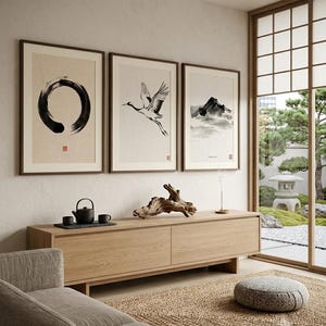Minimalist Sumi-e mountain print featuring layered Japanese ink peaks fading into mist on a warm white background
