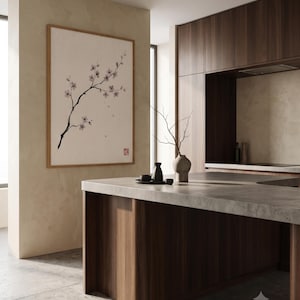 Cherry Branch sakura branch in ink print styled in a calm Japandi room — soft pink and cream. Calm & Oak.