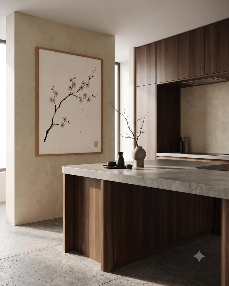 Cherry Branch sakura branch in ink print styled in a calm Japandi room — soft pink and cream. Calm & Oak.