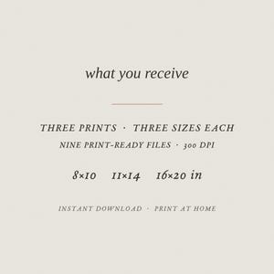 May include: A digital information graphic on a light beige background with dark text reading: what you receive, THREE PRINTS THREE SIZES EACH, NINE PRINT-READY FILES 300 DPI, 8x10 11x14 16x20 in, INSTANT DOWNLOAD PRINT AT HOME.