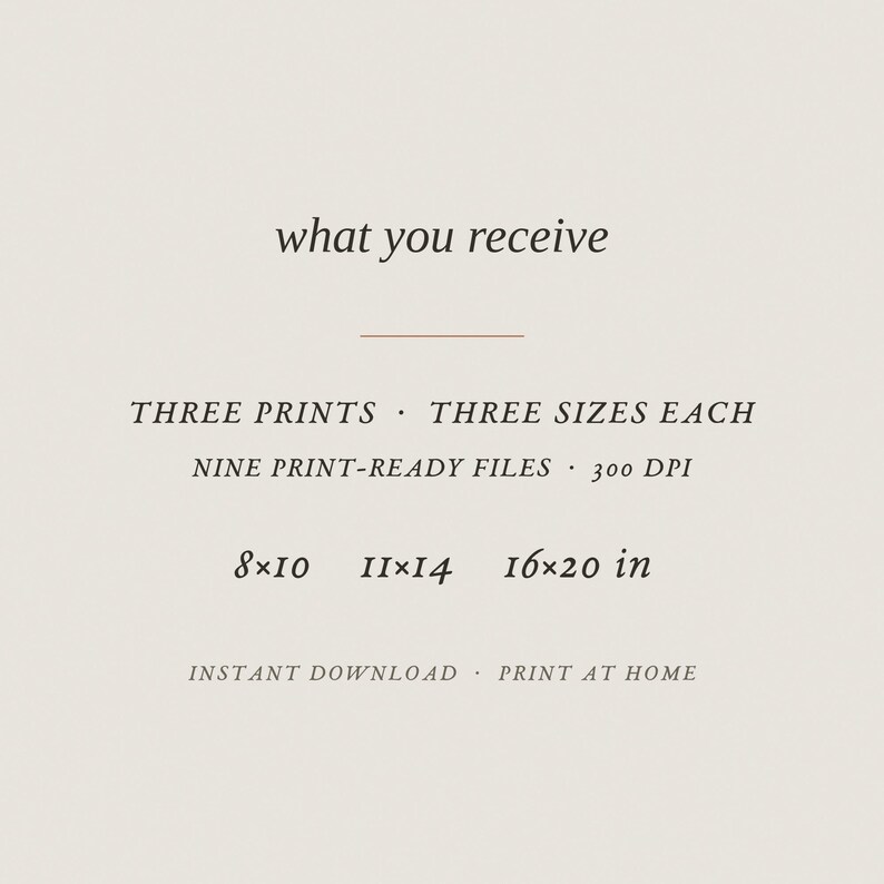 May include: A digital information graphic on a light beige background with dark text reading: what you receive, THREE PRINTS THREE SIZES EACH, NINE PRINT-READY FILES 300 DPI, 8x10 11x14 16x20 in, INSTANT DOWNLOAD PRINT AT HOME.
