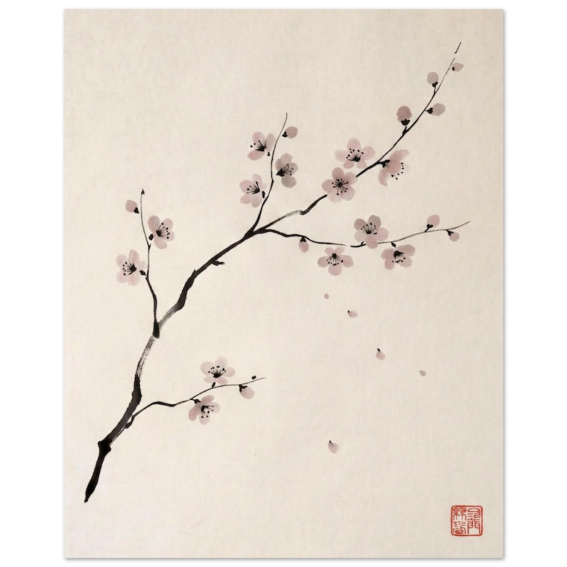 Cherry Branch sakura branch in ink print styled in a calm Japandi room — soft pink and cream. Calm & Oak.