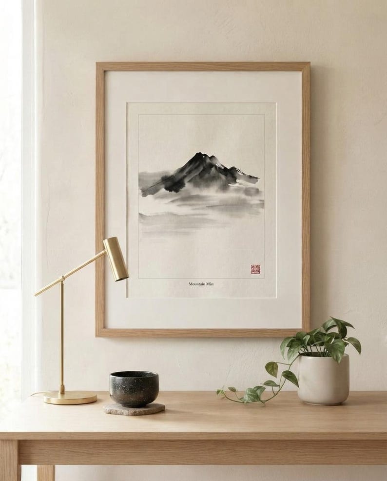 A framed ink wash painting of a mountain landscape in black and gray tones on off-white paper. The artwork features a small red seal stamp and the text Mountain Mist at the bottom, enclosed in a light wood frame with a white mat border.