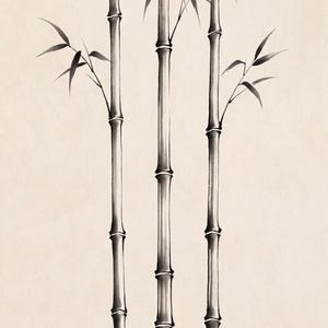 Japanese Sumi-e botanical print set featuring Bamboo, Cherry Blossom, and Bent Reed arranged as a minimalist Zen triptych.