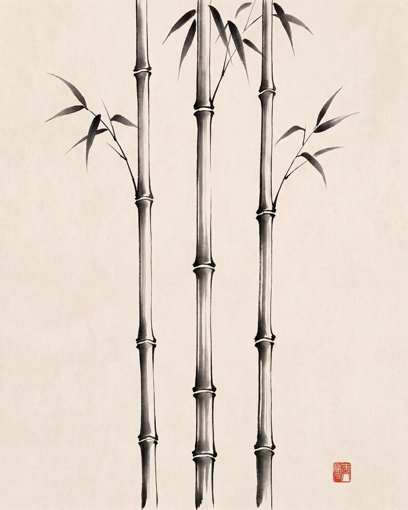 Japanese Sumi-e botanical print set featuring Bamboo, Cherry Blossom, and Bent Reed arranged as a minimalist Zen triptych.