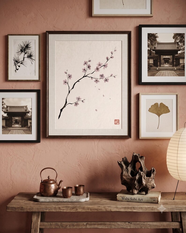 Cherry Branch sakura branch in ink print styled in a calm Japandi room — soft pink and cream. Calm & Oak.