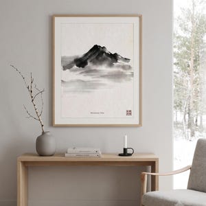 Minimalist Sumi-e mountain print featuring layered Japanese ink peaks fading into mist on a warm white background