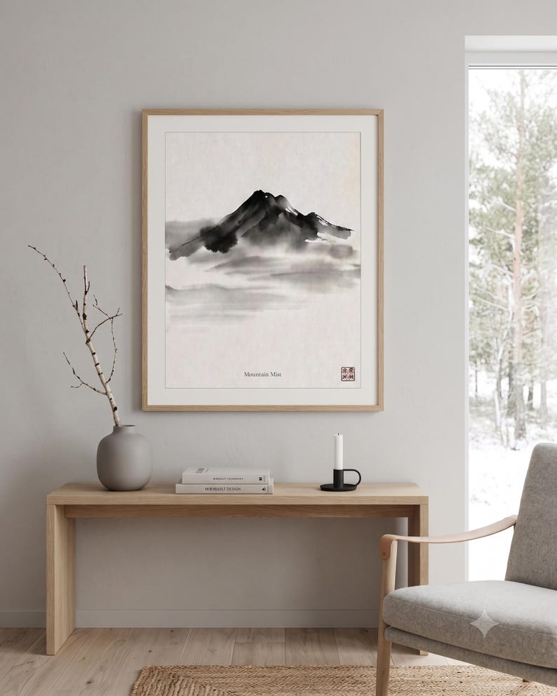 Minimalist Sumi-e mountain print featuring layered Japanese ink peaks fading into mist on a warm white background
