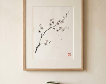 Estampado Sumi-e de flores de cerezo, arte mural botánico Japandi, rama de Sakura en tinta (DESCARGA DIGITAL)
