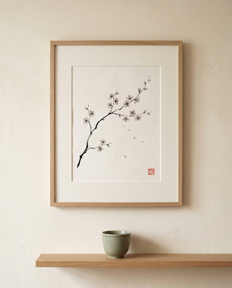 Cherry Branch sakura branch in ink print styled in a calm Japandi room — soft pink and cream. Calm & Oak.