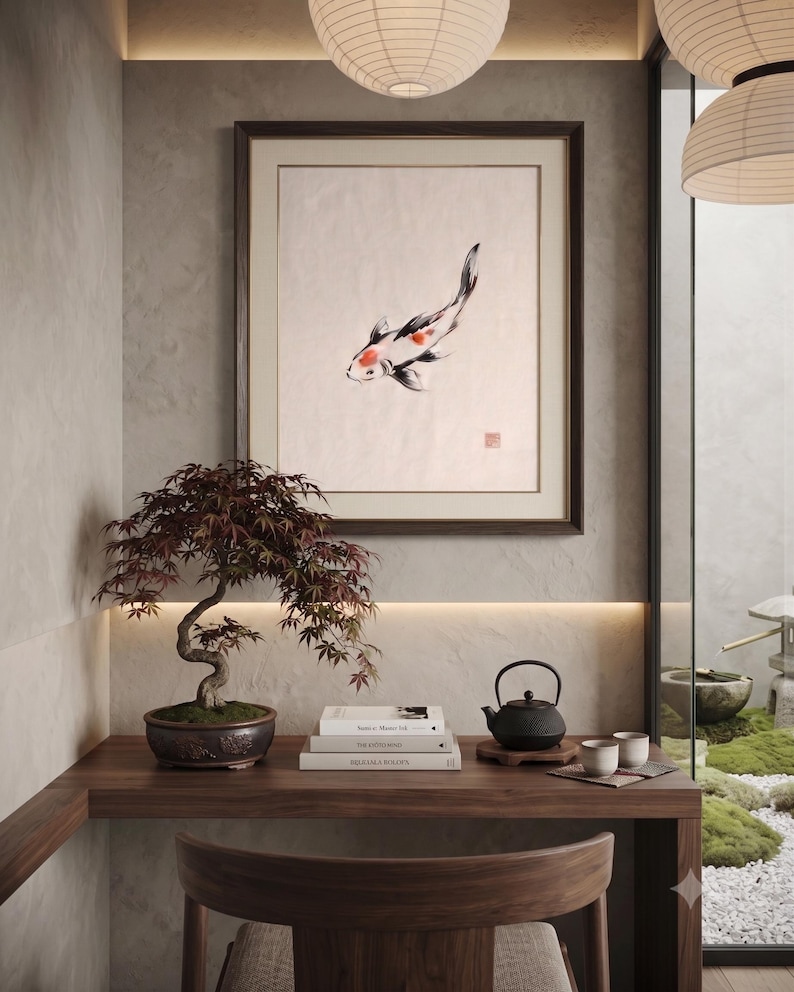 Koi ink koi fish with vermillion accent print styled in a calm Japandi room — warm off-white. Calm & Oak.