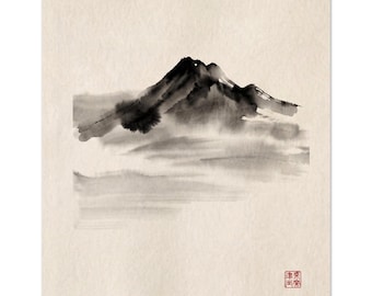 Sumi-e Mountain Print, Japandi Wall Art, Minimalist Japanese Ink, Above-Bed Decor | Mountain Mist by Calm & Oak