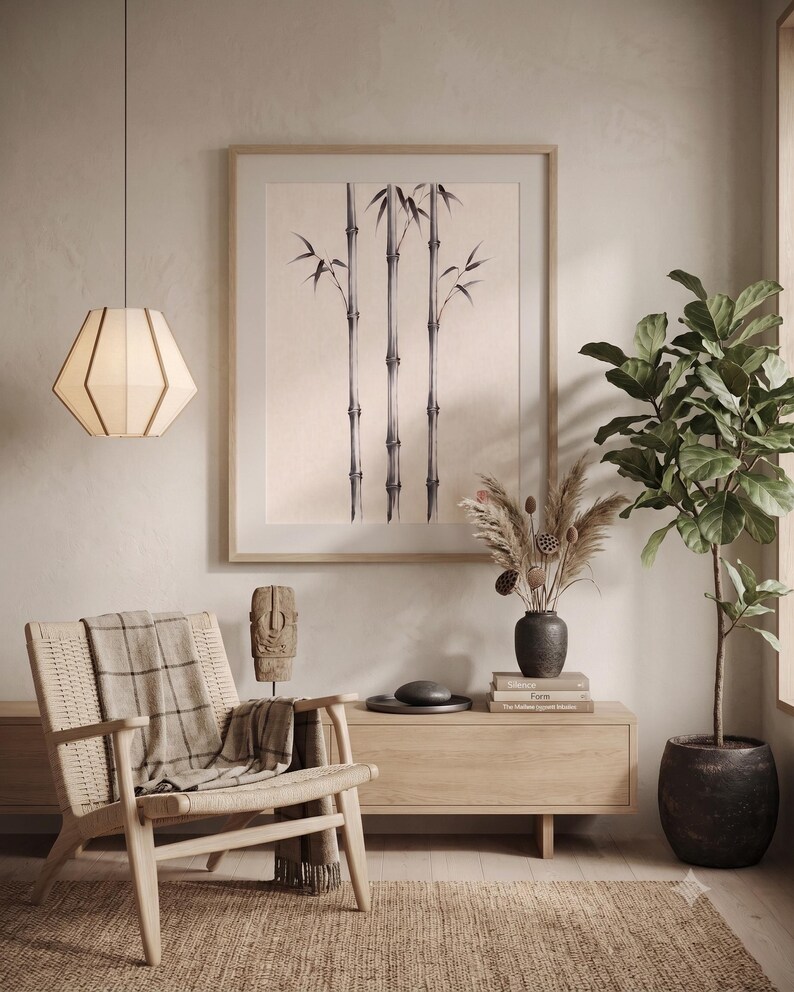 Three Bamboo three ink bamboo stalks print styled in a calm Japandi room — warm off-white. Calm & Oak.