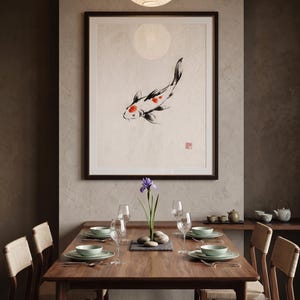 Koi ink koi fish with vermillion accent print styled in a calm Japandi room — warm off-white. Calm & Oak.