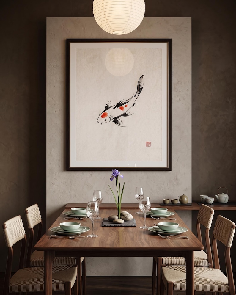 Koi ink koi fish with vermillion accent print styled in a calm Japandi room — warm off-white. Calm & Oak.