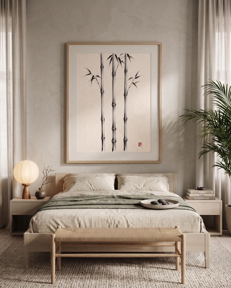 Three Bamboo three ink bamboo stalks print styled in a calm Japandi room — warm off-white. Calm & Oak.