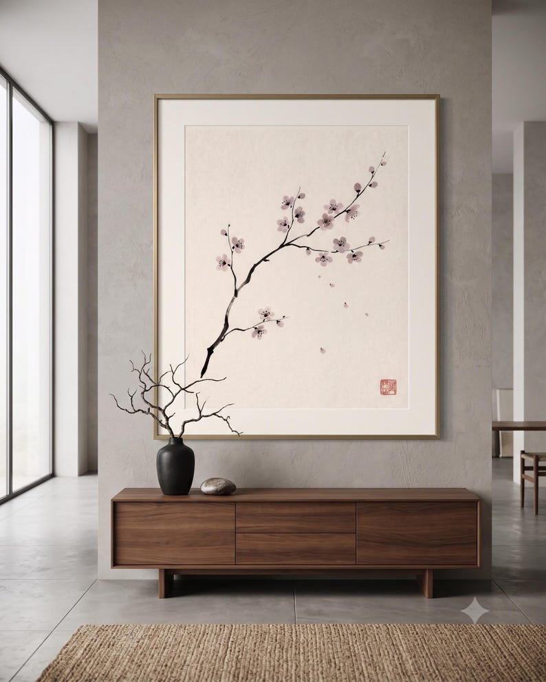 Cherry Branch sakura branch in ink print styled in a calm Japandi room — soft pink and cream. Calm & Oak.