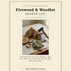 Puede incluir: Un registro de temporada analógico imprimible titulado Firewood & Woodlot SEASON LOG. La portada presenta una fotografía de un hacha de metal, leña apilada, rodajas de madera, un rollo de cuerda y una bolsa de tela verde.