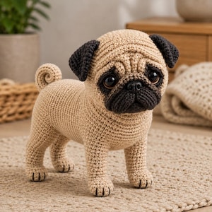 May include: A crochet pug dog figurine featuring a tan body with a dark brown muzzle, ears, and nose. The stuffed animal has large, round, dark eyes and a curled tail, crafted with visible yarn stitches in a standing position on a textured surface.