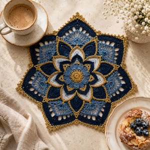 May include: A star-shaped crochet doily featuring a complex mandala pattern in shades of navy blue, light blue, white, and metallic gold. The intricate needlework displays layered petals and geometric lace detailing with a decorative picot edge.