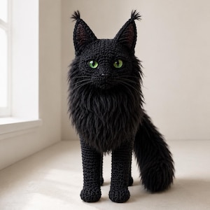 May include: A handcrafted crochet cat figurine featuring deep black yarn, a thick textured mane, and bright green eyes. The feline figure has pointed ears with tufted tips, a long bushy tail, and a detailed stitched face with a small nose.