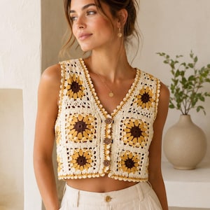 Op de afbeelding: Een mouwloos gehaakt vest met een herhalend zonnebloemmotief in tinten donkerbruin, mosterdgeel en crème. Het kledingstuk heeft een V-hals, een knoopsluiting aan de voorzijde met drie bruine knopen en een geschulpte rand langs de zoom en halslijn.