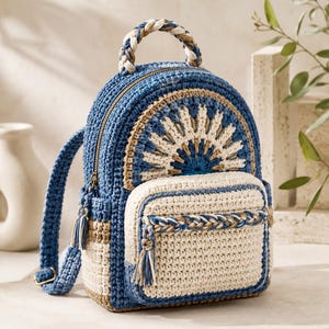 May include: A crochet backpack featuring a blue and cream color palette with a sunburst pattern on the front pocket. The bag includes a braided top handle, a front zippered compartment with a braided trim, and adjustable blue crochet shoulder straps.