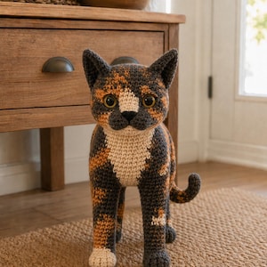 Realistic Tortoiseshell Cat Crochet Pattern, Standing Amigurumi Sculpture PDF, Advanced Wire-Frame Tutorial