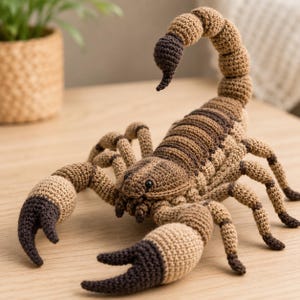 May include: A crocheted scorpion toy crafted from tan and dark brown yarn. The figure features a segmented tail that curves upward, two large pincers with dark brown tips, and eight jointed legs. The body displays a detailed texture with dark brown stripes.