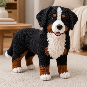 May include: A crocheted Bernese Mountain Dog stuffed animal featuring a black, white, and brown color pattern. The dog has a white blaze on its face, a white chest, brown markings above the eyes and on the legs, and white paws. It has a black nose.