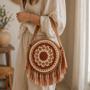 Boho Mandala Crossbody Bag Crochet Pattern, Fringed Round Purse PDF, Zippered Raffia Style Shoulder Accessory
