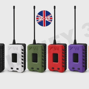 May include: Six rectangular radio transmitters with antennas, each featuring a V4 label and a central display screen. The devices are presented in black, white, olive green, red, purple, and orange, with a circular Made in the UK emblem above.