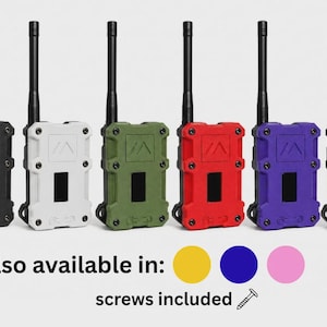 May include: Six rectangular radio devices with black antennas, each featuring a central screen and four corner screws. Colours include black, white, olive green, red, purple, and orange. Text reads: also available in: and screws included.