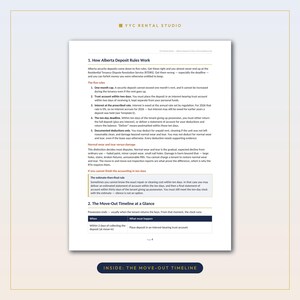 May include: A white document page titled YYC RENTAL STUDIO featuring text about Alberta deposit rules and move-out timelines. The content outlines five rules for security deposits, normal wear and tear, and a move-out timeline table for landlords.