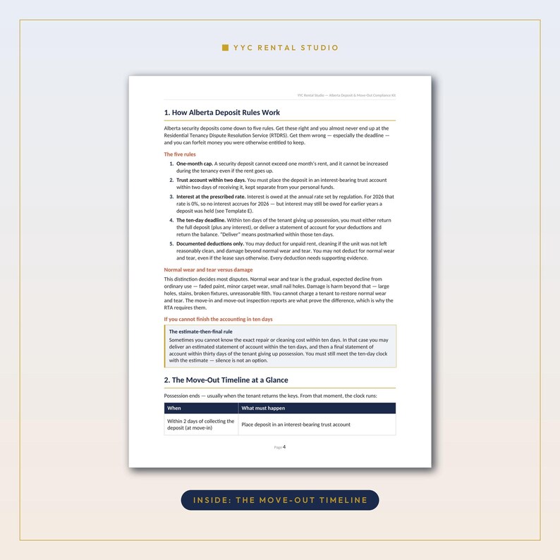 May include: A white document page titled YYC RENTAL STUDIO featuring text about Alberta deposit rules and move-out timelines. The content outlines five rules for security deposits, normal wear and tear, and a move-out timeline table for landlords.
