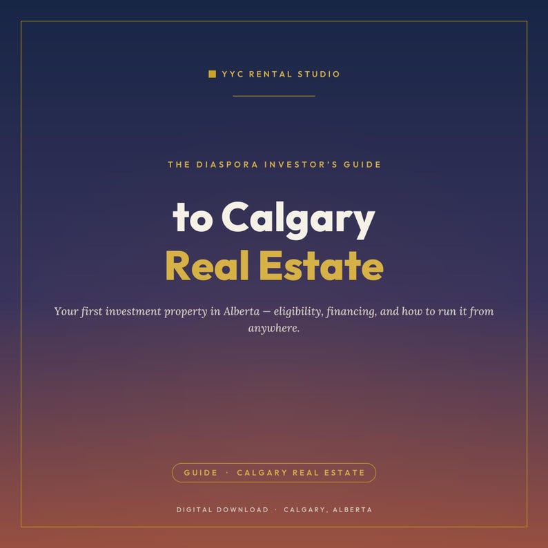 May include: A digital guide titled The Diaspora Investor's Guide to Calgary Real Estate, featuring a dark blue to orange gradient background with white and gold text. It includes details on eligibility, financing, and remote property management.