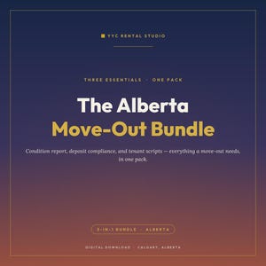 Puede incluir: Un documento digital titulado The Alberta Move-Out Bundle, con un fondo degradado de azul oscuro a naranja. El texto incluye YYC RENTAL STUDIO, THREE ESSENTIALS ONE PACK y una descripci&oacute;n de informes de estado y guiones para inquilinos.