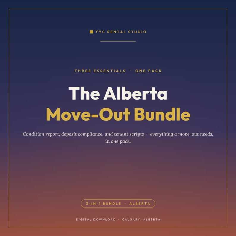 Puede incluir: Un documento digital titulado The Alberta Move-Out Bundle, con un fondo degradado de azul oscuro a naranja. El texto incluye YYC RENTAL STUDIO, THREE ESSENTIALS ONE PACK y una descripci&oacute;n de informes de estado y guiones para inquilinos.