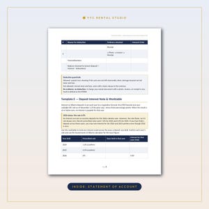 May include: A document titled YYC RENTAL STUDIO, page 8, featuring a table for deduction details, a section on deduction guardrails, and Template E, a deposit interest note and worktable with columns for year held, prescribed rate, and interest.