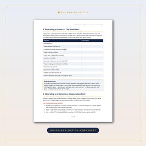 May include: A white document page titled 5. Evaluating a Property: The Worksheet from YYC Rental Studio. It features a table with columns for line items and figures, including purchase price, mortgage, taxes, and rent, plus a remote landlord checklist.