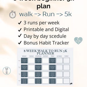 May include: An 8 week beginner 5k plan with a walk to run 5k schedule. Features include 3 runs per week, printable and digital formats, a day by day schedule, and a bonus habit tracker. The document displays an 8 week walk to run 5k planner.