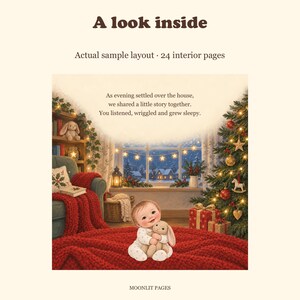 Story page: an evening bedtime story by the window, with the baby cuddling a bunny beside the Christmas tree.