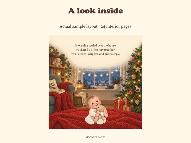 Story page: an evening bedtime story by the window, with the baby cuddling a bunny beside the Christmas tree.