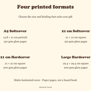 Four printed formats for the personalised first Christmas book: A5 softcover, 21 cm softcover, 21 cm hardcover and 29.4 cm large hardcover, with 150 or 200 gsm gloss pages.