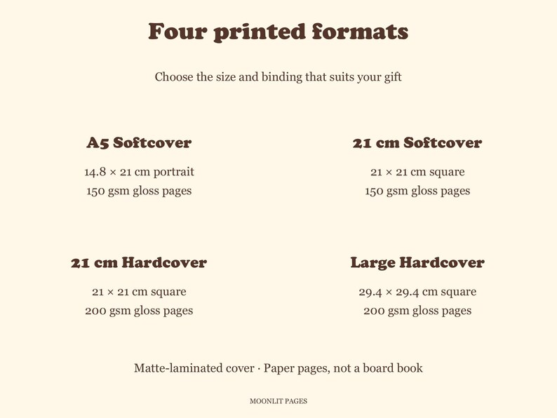 Four printed formats for the personalised first Christmas book: A5 softcover, 21 cm softcover, 21 cm hardcover and 29.4 cm large hardcover, with 150 or 200 gsm gloss pages.