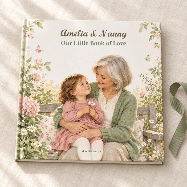 The floral Amelia & Nanny square hardcover book lies on ivory linen beside a sage ribbon, in soft natural light. The complete personalised cover is visible.