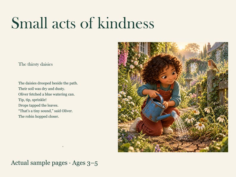 May include: A page from a children's book titled Small acts of kindness, featuring text about thirsty daisies and an illustration of a child with curly hair in brown overalls watering white flowers with a blue watering can near a robin.
