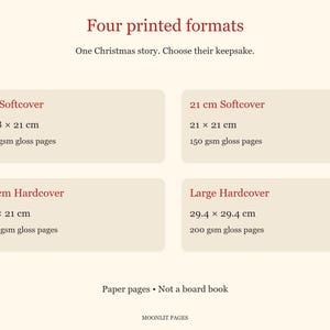 Four printed formats of the personalised Santa book: A5 softcover, 21 cm softcover, 21 cm hardcover and 29.4 cm large hardcover, with 150 or 200 gsm gloss paper pages.