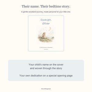 Personalisation guide showing the Goodnight, Oliver cover and explaining that the child's name appears on the cover and through the story, with a custom dedication on an opening page.