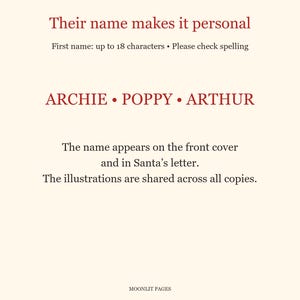 Their name makes it personal: a first name of up to 18 characters appears on the front cover and in Santa's letter, shown with examples Archie, Poppy and Arthur.
